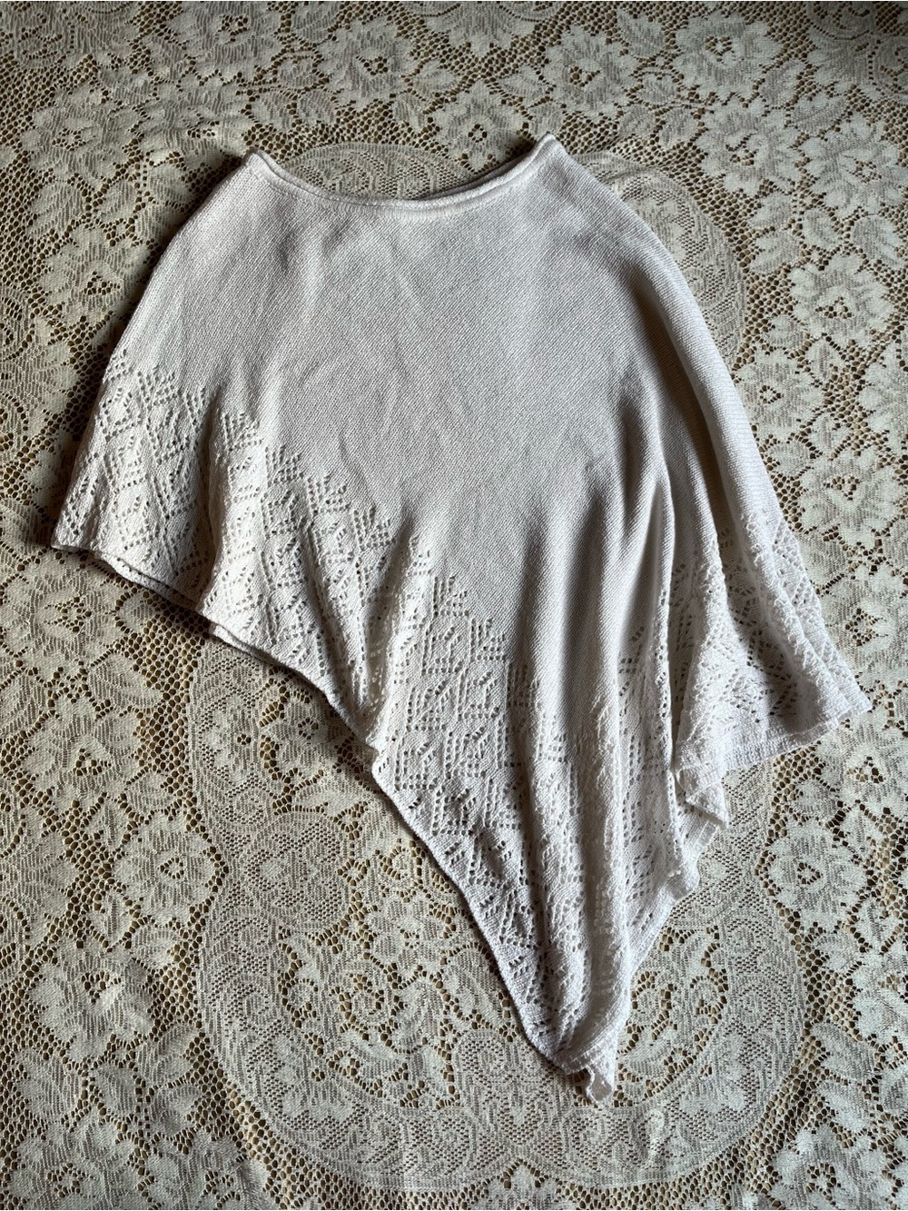 Knit Asymmetric Poncho, White, One Size - Picture 4 of 5